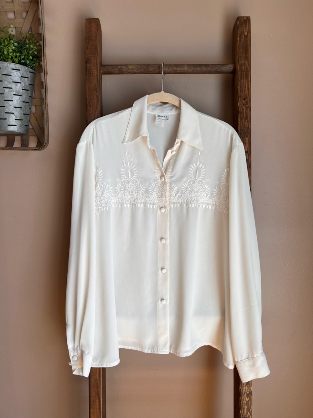 Vintage Embroidered Ivory Button-Down Sheer Blouse